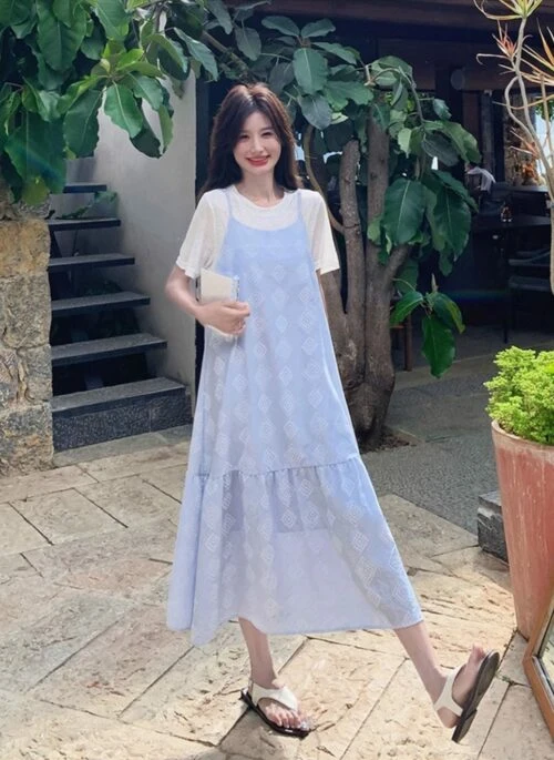 Fresh Blue Floral Print Short Sleeve Dress Set