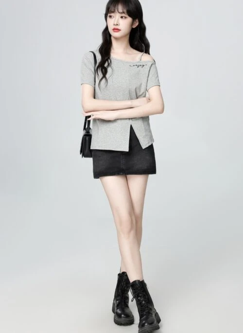 Gray Asymmetrical Off Shoulder Short Sleeve Top