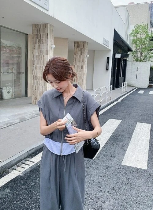 Gray Drawstring Wide Leg Pants Short Sleeve Set