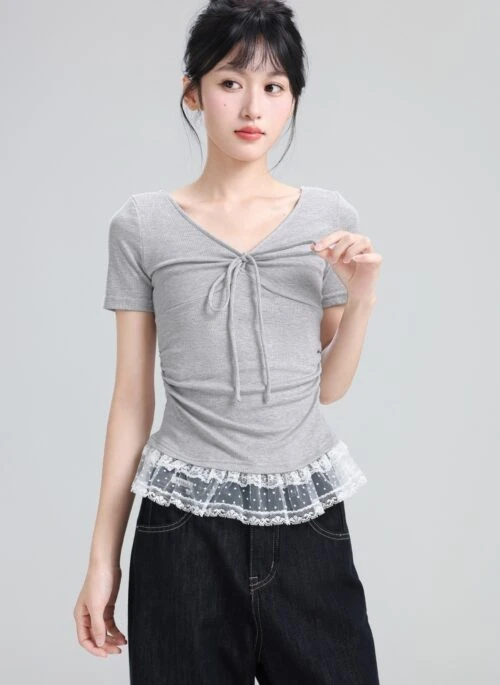 Gray Lace Patchwork V Neck Bow Short Sleeve Top