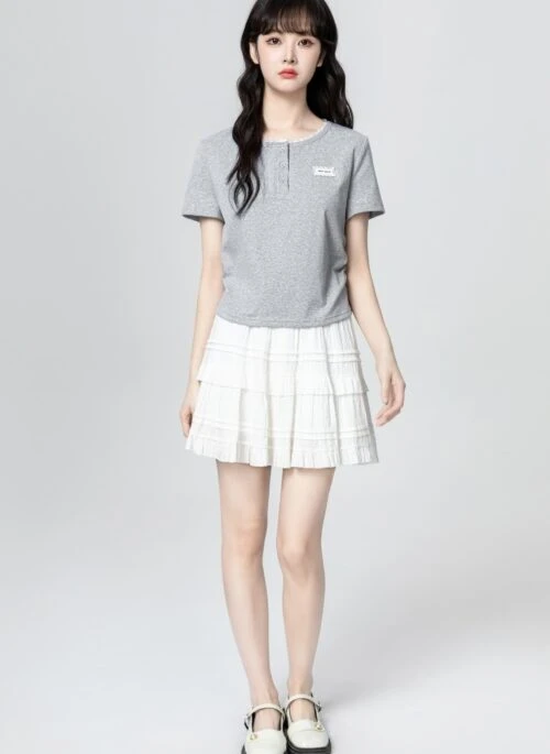 Gray Lace Trim Fitted Short Sleeve Top
