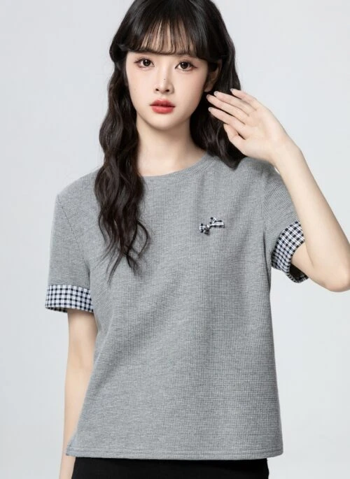 Gray Plaid Patchwork Short Sleeve Top