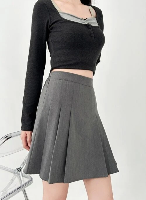 Gray Pleated High Waist A Line Midi Skirt