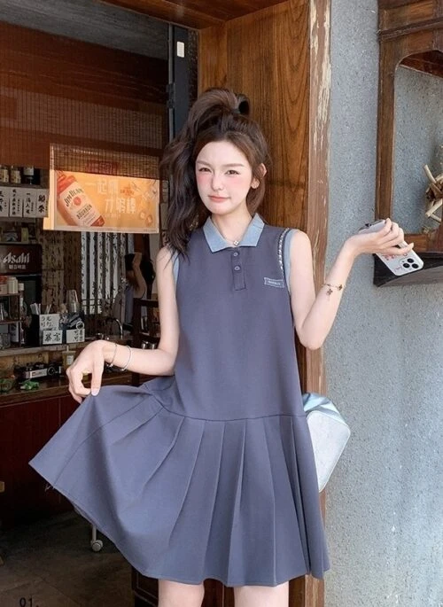 Gray Pleated Polo Dress Casual Sporty Style