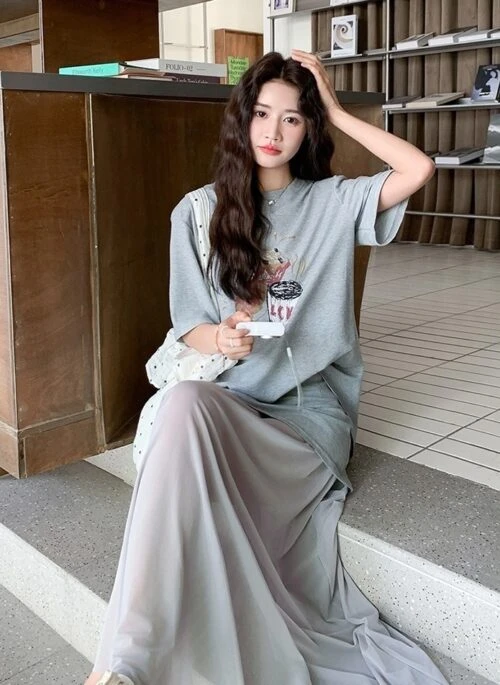Gray Print Mesh Skirt And T Shirt Set