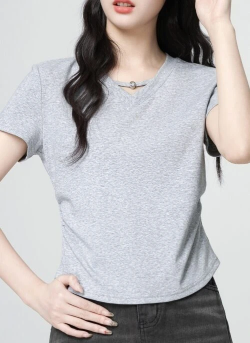 Gray V Neck Slim Fit Short Sleeve Tee