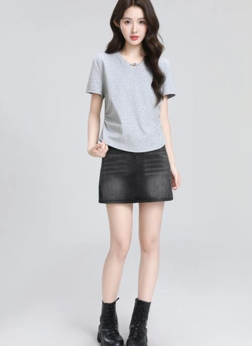Gray V Neck Slim Fit Short Sleeve Top