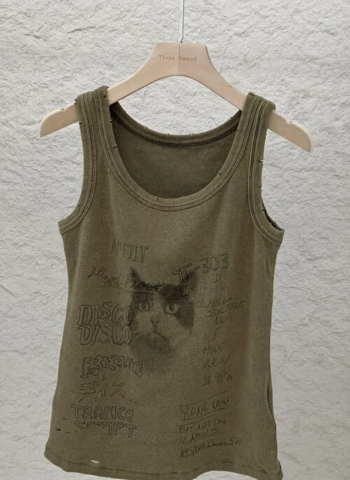 Green Cat  Doodles Tank Top | Sakura – Le Sserafim
