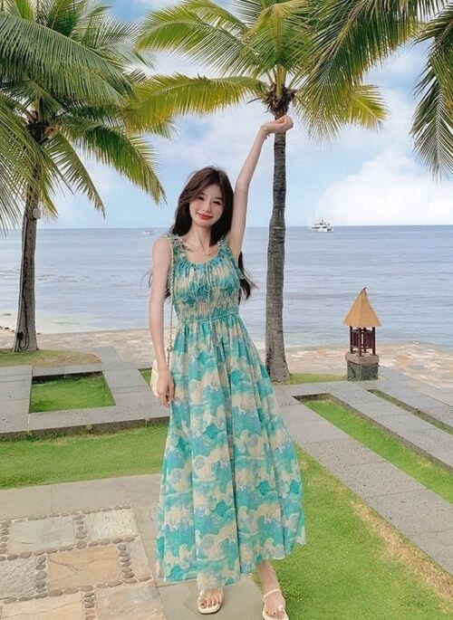 Green Floral High Waist Vacation Maxi Dress