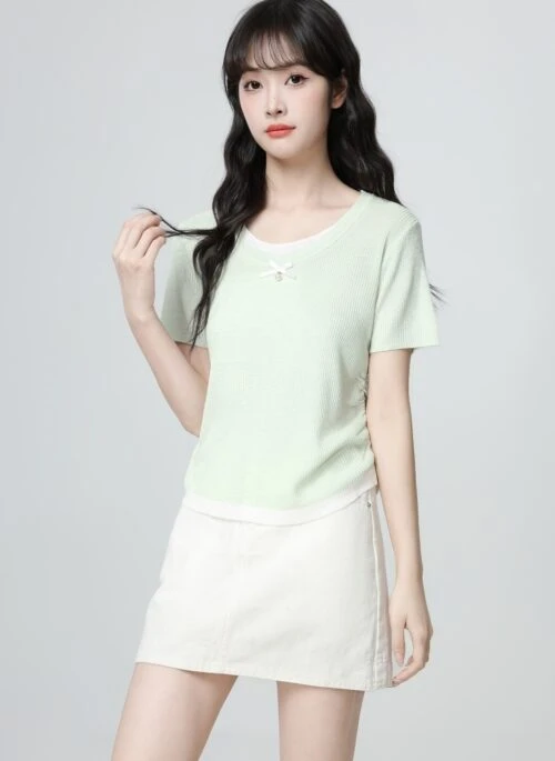 Green Knit Short Sleeve Bow Layered Top