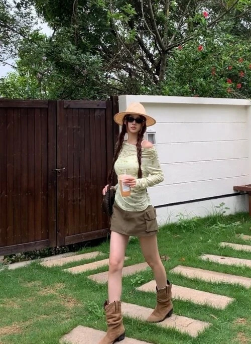 Green Off Shoulder Sun Protection Long Sleeve Top