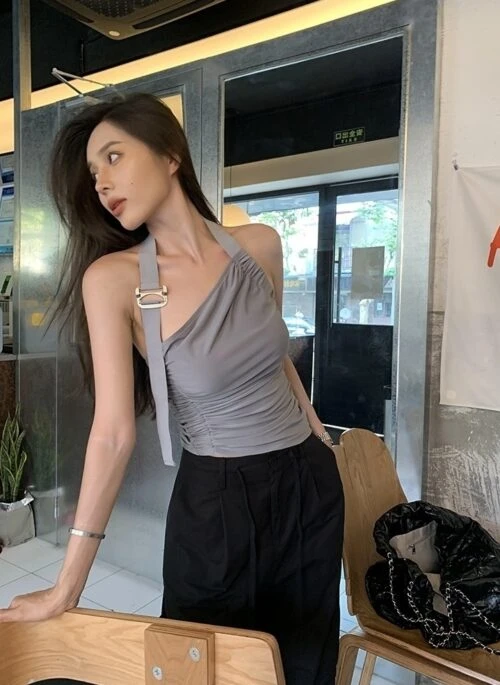Grey Asymmetrical Buckle Strap Top | Yeji – ITZY