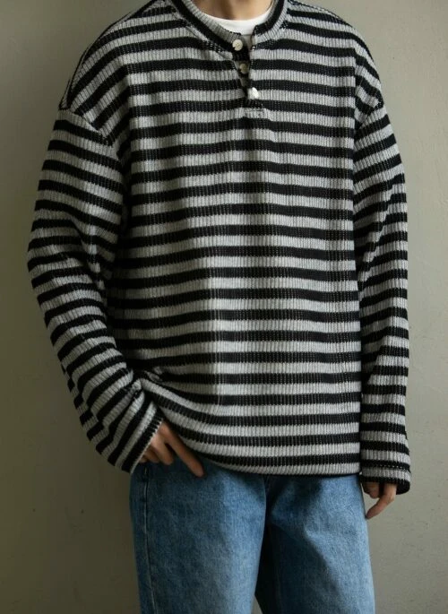 Grey Button-Neck Striped Knit Sweater | San – ATEEZ
