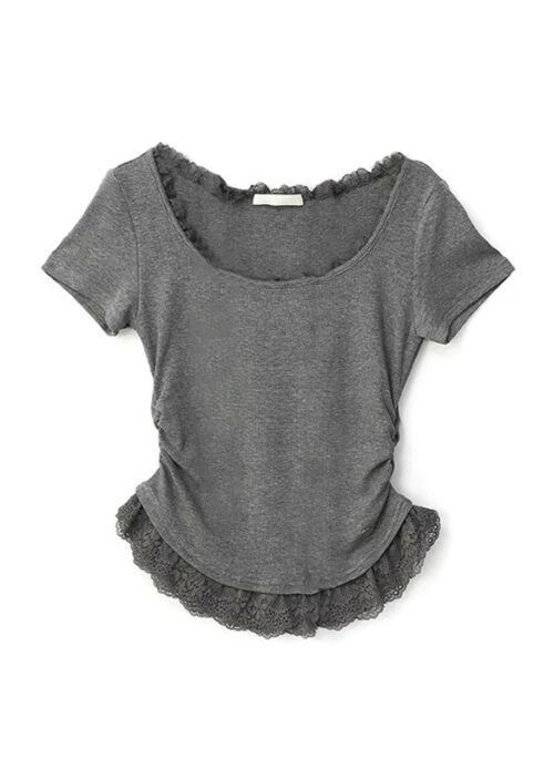 Grey Lace-Trim T-Shirt | Shuhua – (G)I-DLE