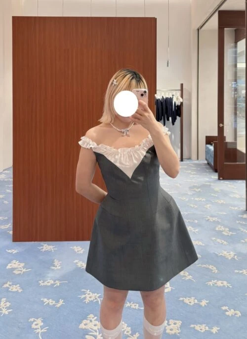 Grey Ruffled Neckline Mini Dress | Jisoo – BlackPink