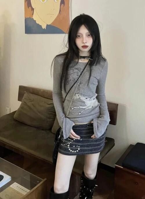 Grey Striped Embellished Skirt | Nayeon – Twice