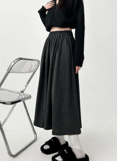 High Waist Dark Gray Midi Skirt Flowy Casual Style