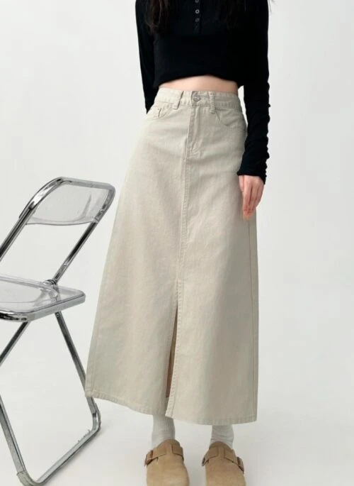 High Waist Denim Midi A Line Skirt