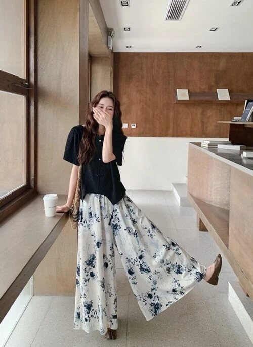 Ink Print Button Top And Wide Leg Pants Set