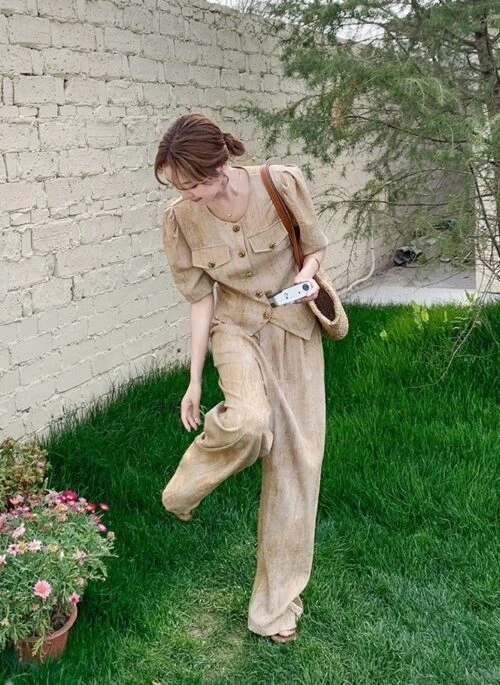Khaki Elegant Commuter Suit Set With Wide Leg Pants