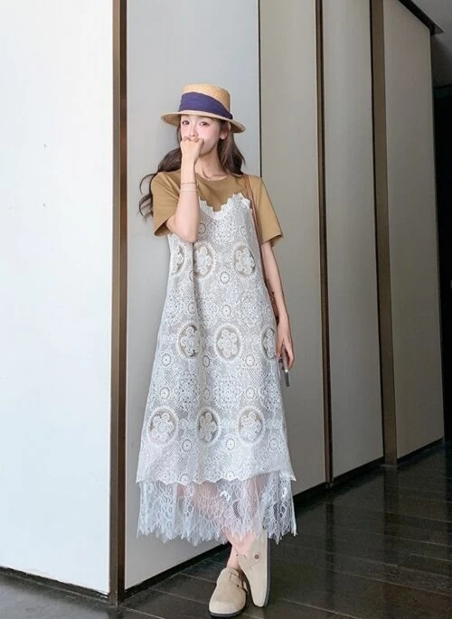 Khaki Lace Patchwork Elegant Summer Maxi Dress