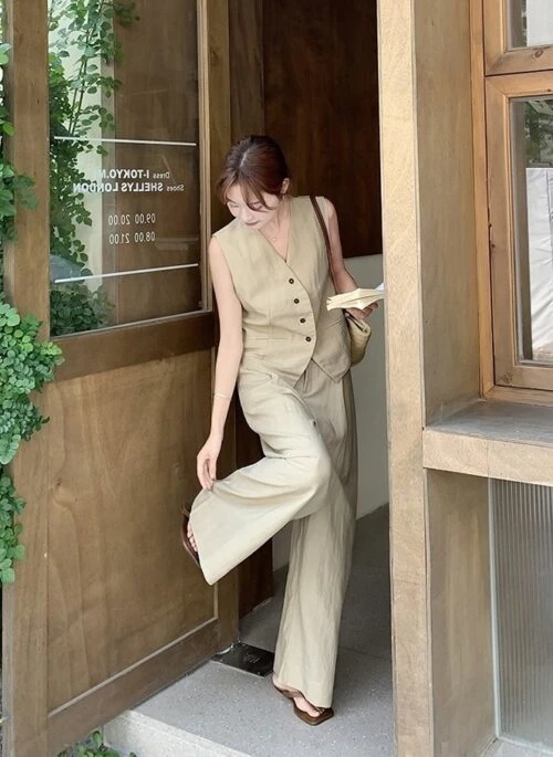 Khaki Relaxed Fit Suit Vest And Wide Leg Pants Set