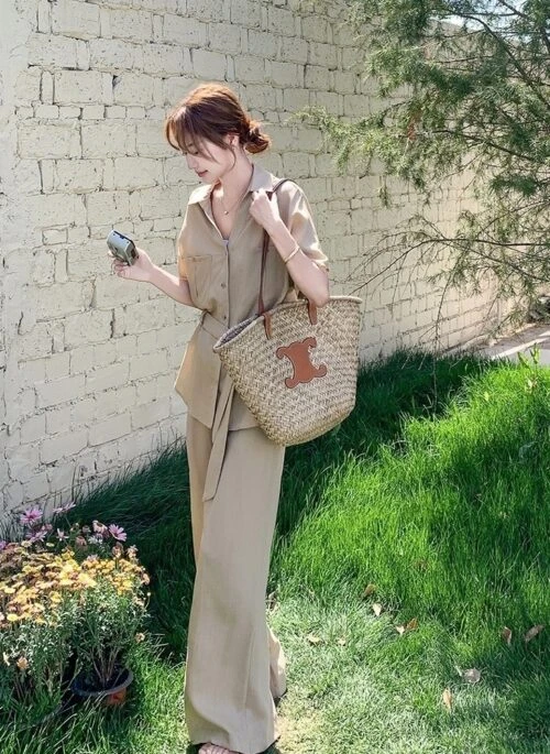Khaki Relaxed Fit Waist Shirt And Wide Leg Pants Set