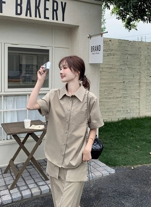 Khaki Shirt And Skirt Summer Outfit Set