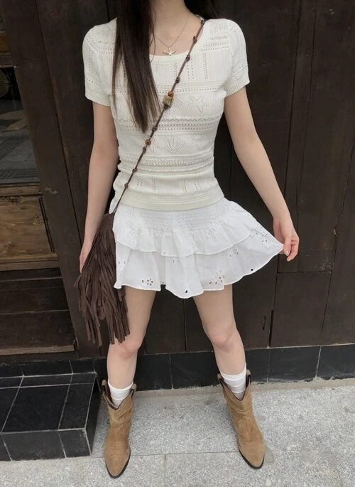 Knit White Summer Top Stylish Casual Tee