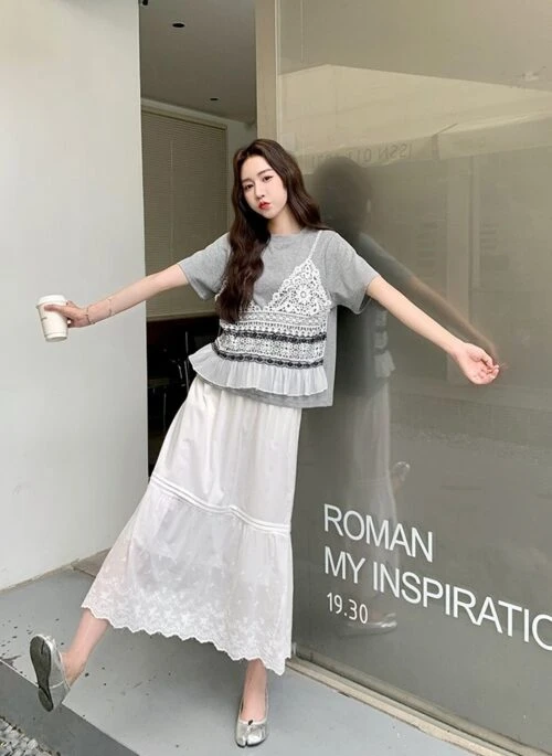 Korean Style Lace Patchwork Short Sleeve Skirt Set
