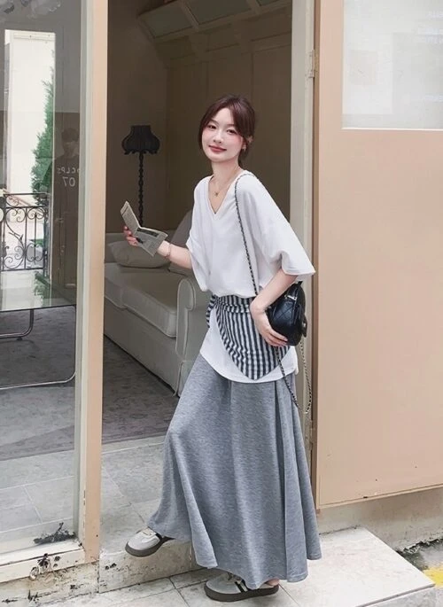 Korean Style Striped Cardigan Set With Skirt