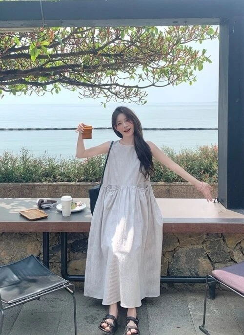 Korean Style Striped Casual Sleeveless Mini Dress