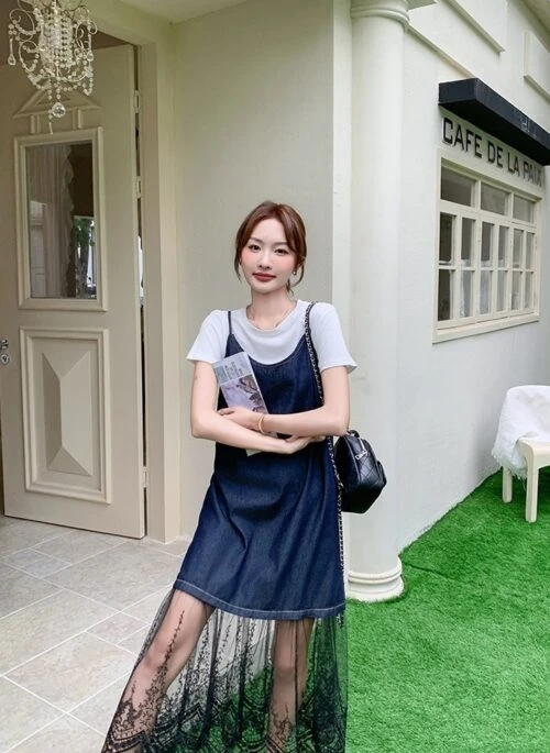 Lace Denim Dress And T Shirt Set