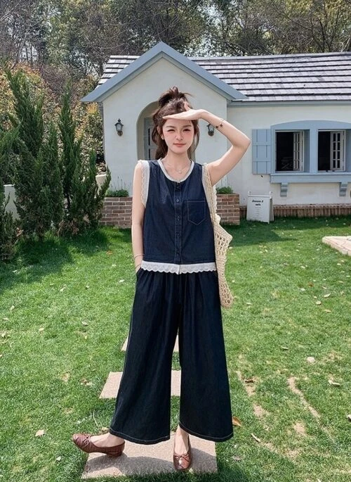 Lace Denim Vest And Wide Leg Pants Set
