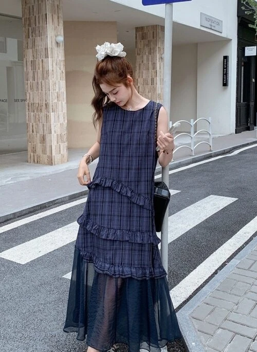 Lace Patchwork Plaid Sleeveless Elegant Summer Dress