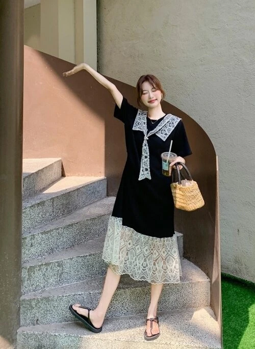 Lace Patchwork Sailor Collar Loose Fit Maxi Dress