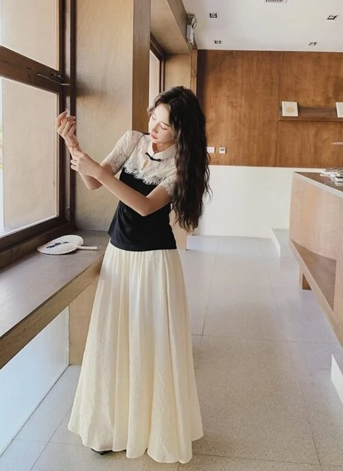 Lace Patchwork Short Sleeve Suit With Wide Leg Pants