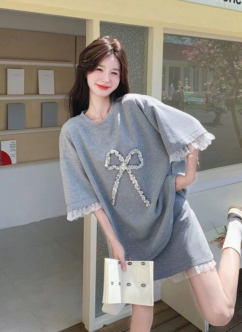 Lace Trim Elegant Summer T Shirt Skirt Set