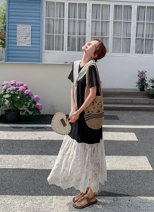 Lace Trim Striped Black Maxi Dress With Shawl