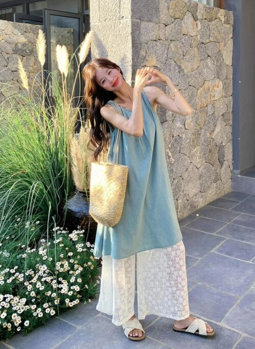 Lace Vest Dress Wide Leg Pants Vacation Set