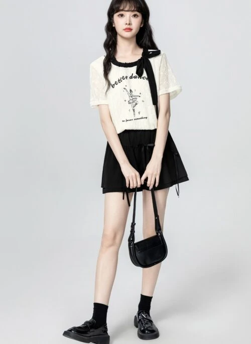Letter Print Bow Short Sleeve Colorblock Top