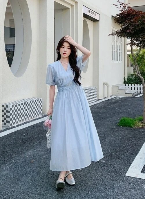 Light Blue French Style Elegant Waist Dress