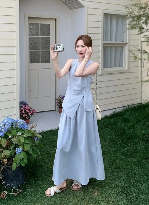 Light Blue French Style Irregular Vest Skirt Set