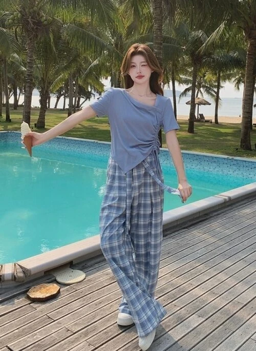 Light Blue Plaid Drawstring Short Sleeve Set