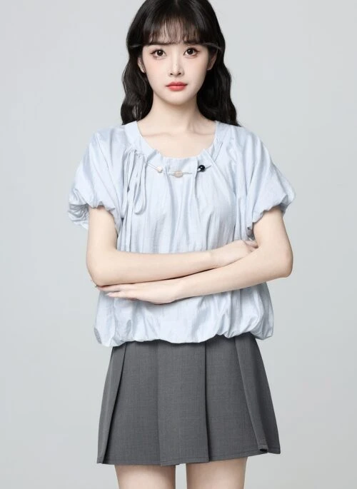 Light Blue Puff Sleeve Bow Tie Blouse