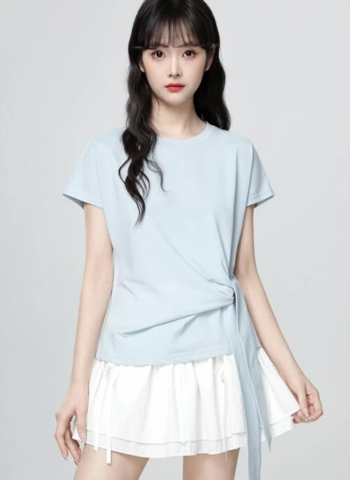 Light Blue Short Sleeve Irregular Tie T Shirt