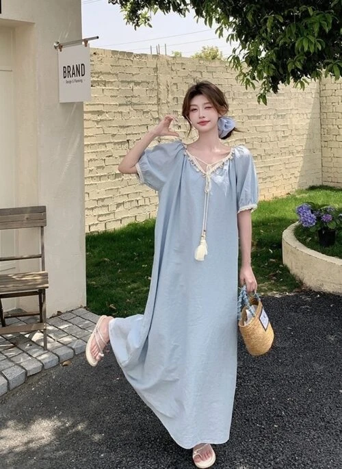 Light Blue Sweet Puff Sleeve Vacation Maxi Dress