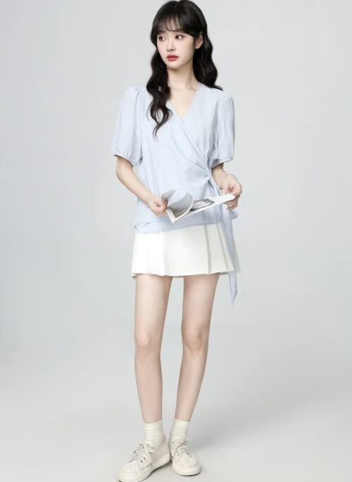 Light Blue V Neck Puff Sleeve Tie Shirt