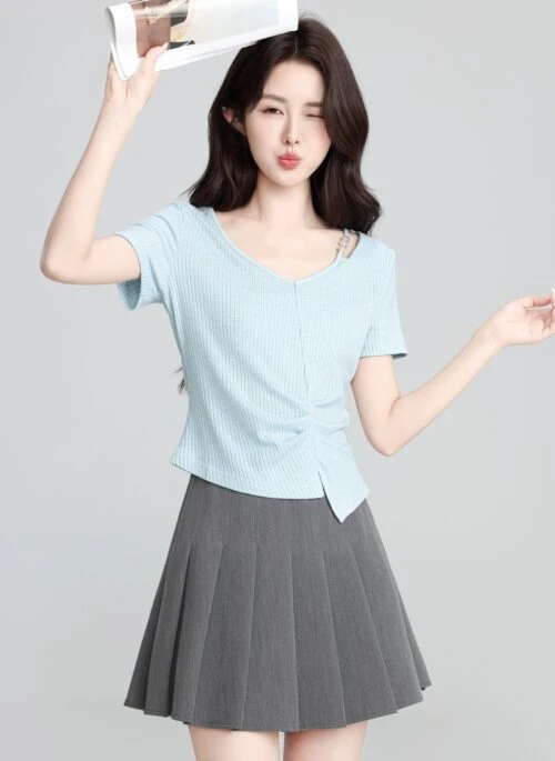 Light Blue V Neck Short Sleeve Slim Fit Top
