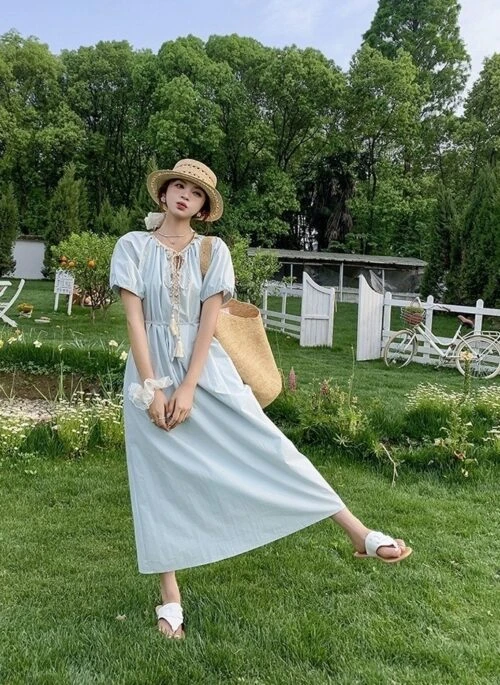 Light Blue Vacation Puff Sleeve Waist Slimming Dress